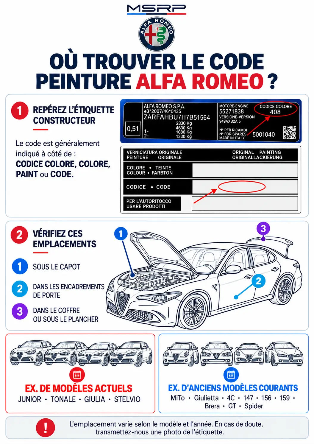 Emplacements possibles de l’étiquette contenant le code peinture Alfa Romeo