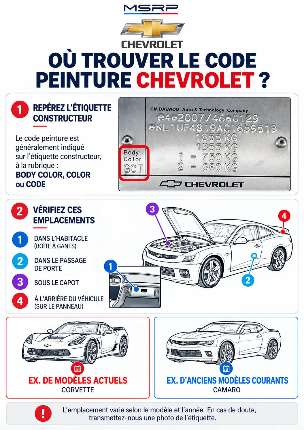 Emplacements possibles de l’étiquette contenant le code peinture Chevrolet