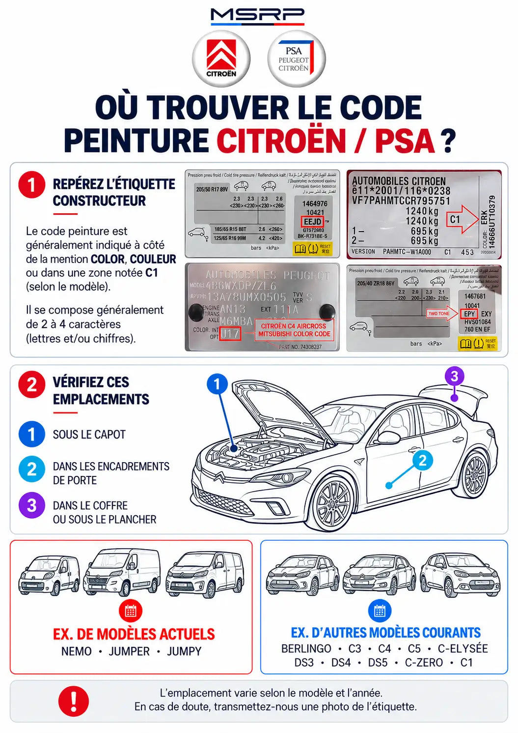 Emplacements possibles de l’étiquette contenant le code peinture Citroën