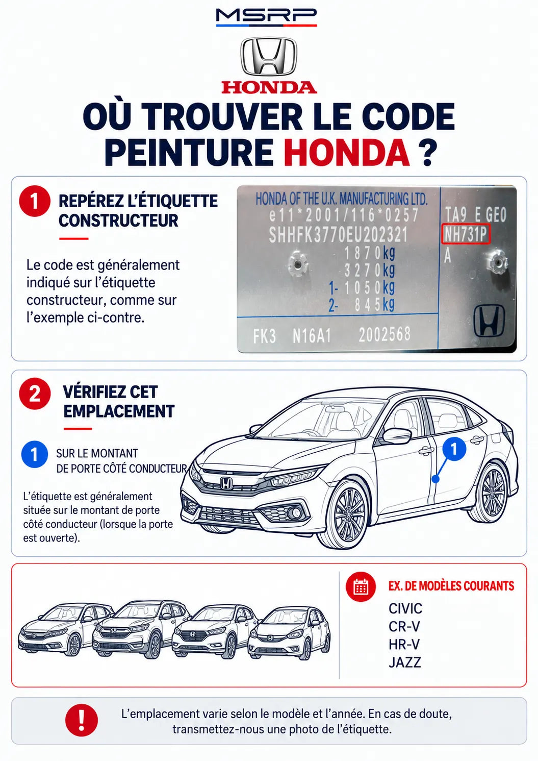 Emplacements possibles de l’étiquette contenant le code peinture Honda