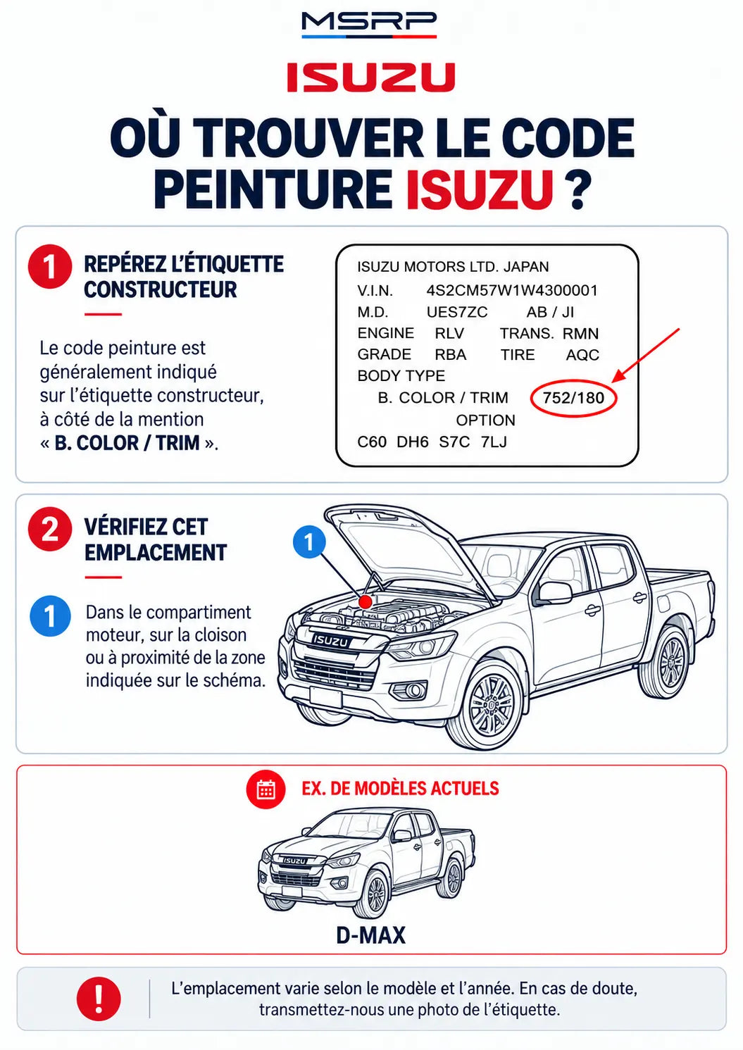 Emplacements possibles de l’étiquette du code peinture sur un véhicule Isuzu