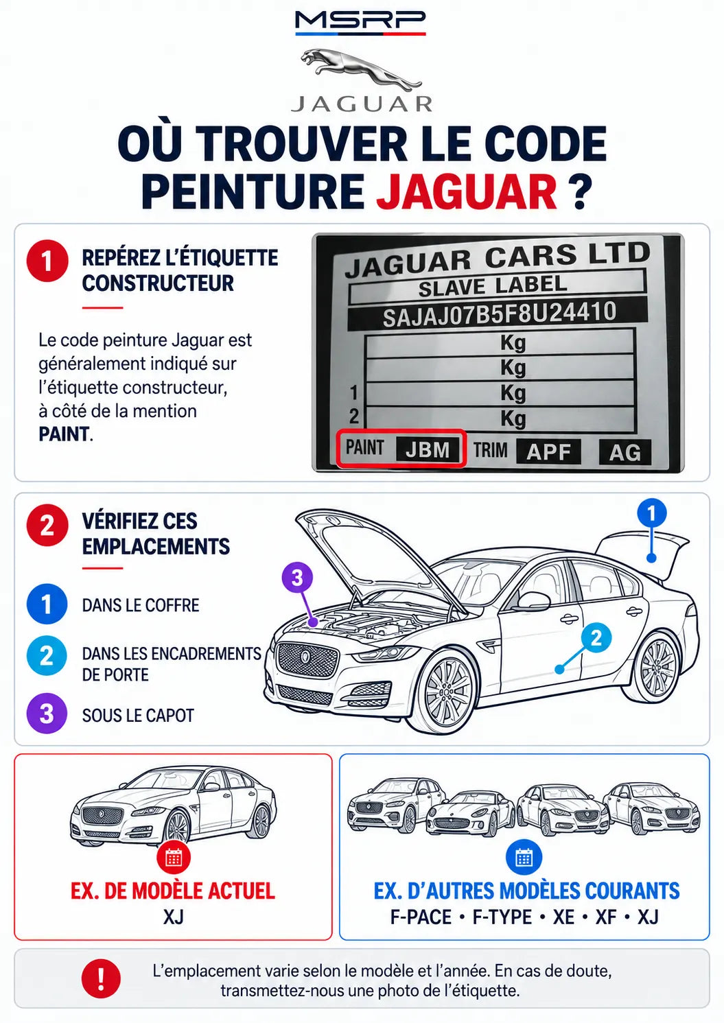 Emplacements possibles de l’étiquette du code peinture sur un véhicule Jaguar