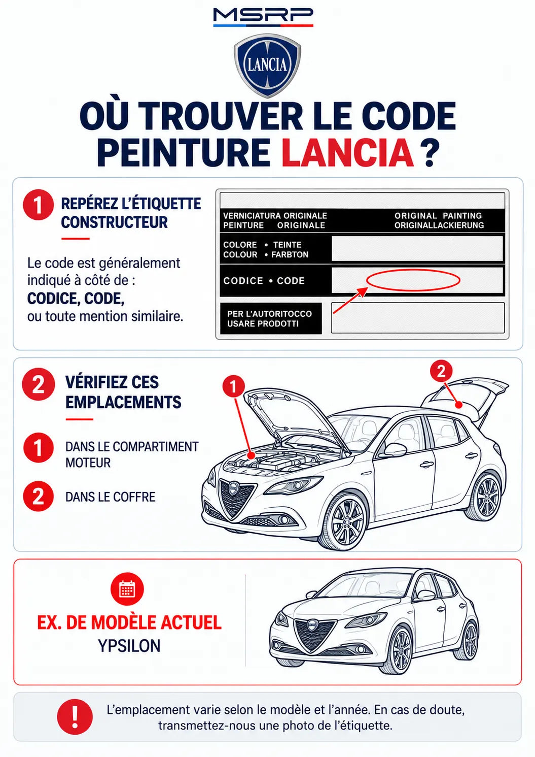 Emplacements possibles de l’étiquette du code peinture sur un véhicule Lancia