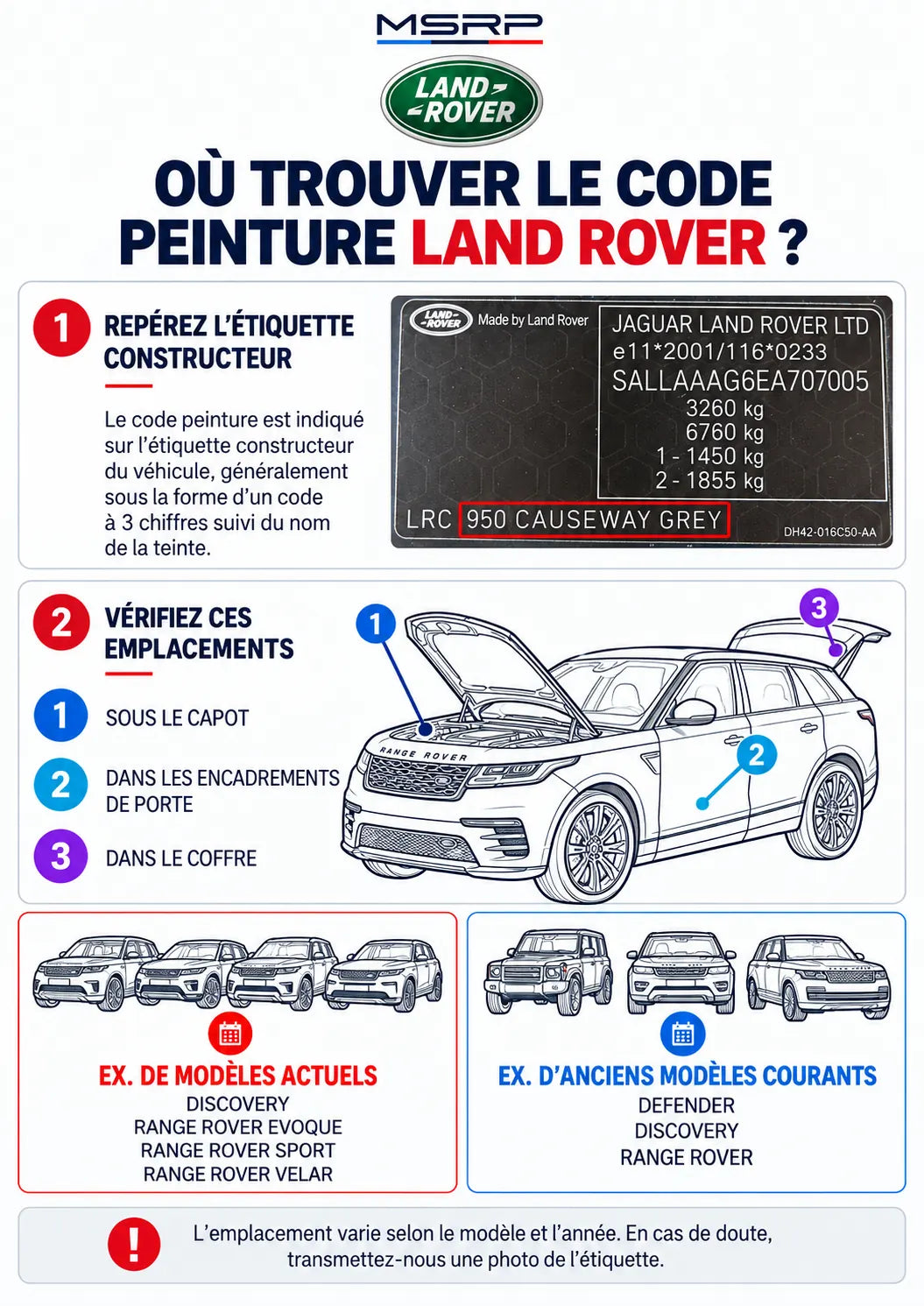 Emplacements possibles de l’étiquette contenant le code peinture Land Rover