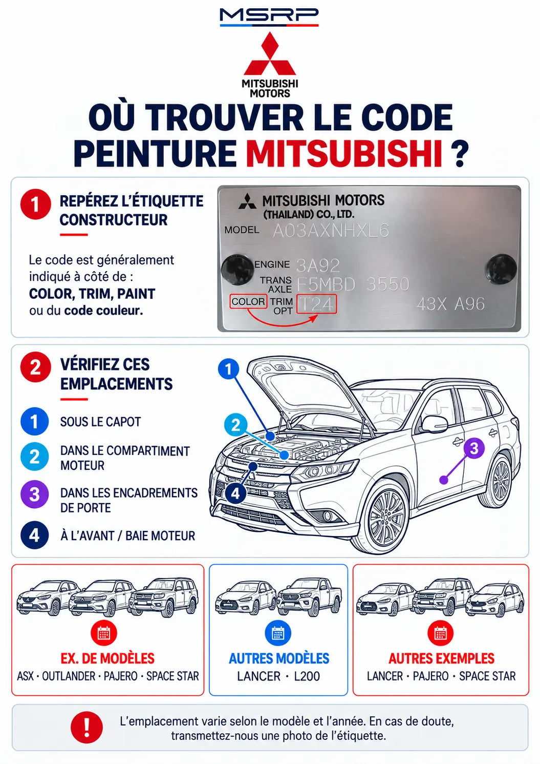 Emplacements possibles de l’étiquette du code peinture sur un véhicule Mitsubishi