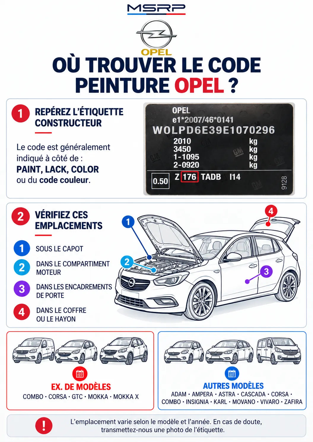 Emplacements possibles de l’étiquette contenant le code peinture Opel
