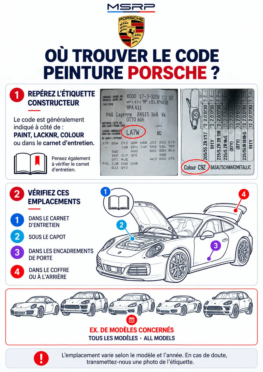 Emplacements possibles de l’étiquette contenant le code peinture Porsche