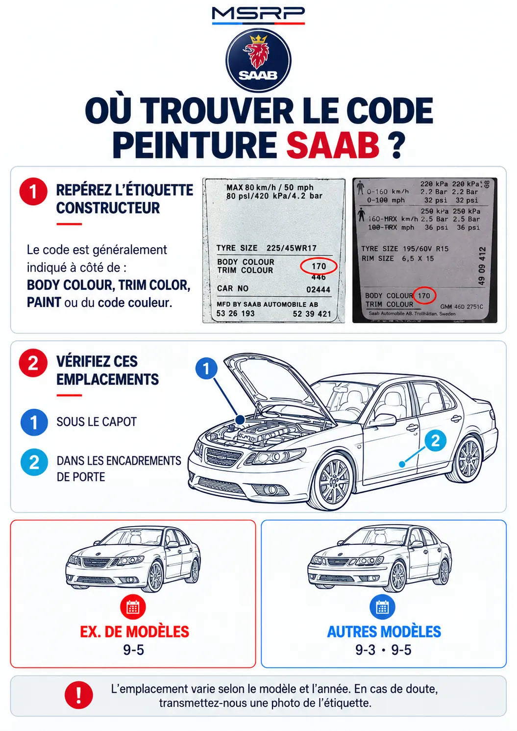 Emplacements possibles de l’étiquette contenant le code peinture Saab