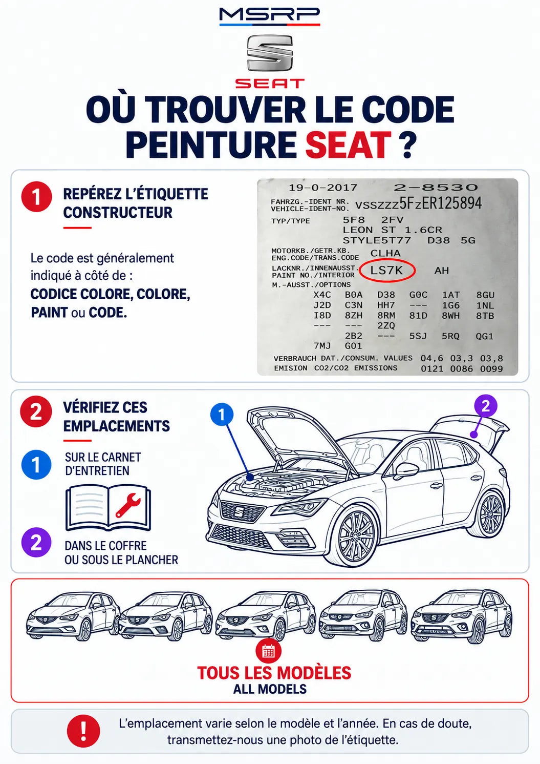 Emplacements possibles de l’étiquette contenant le code peinture SEAT