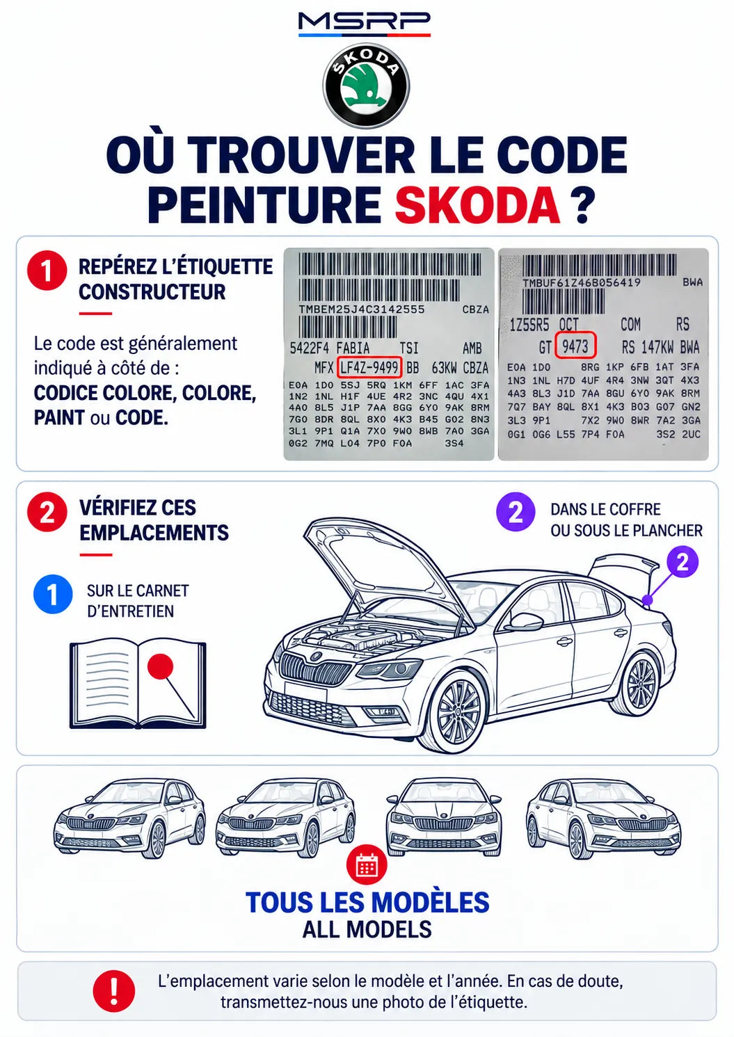 Emplacements possibles de l’étiquette contenant le code peinture Skoda