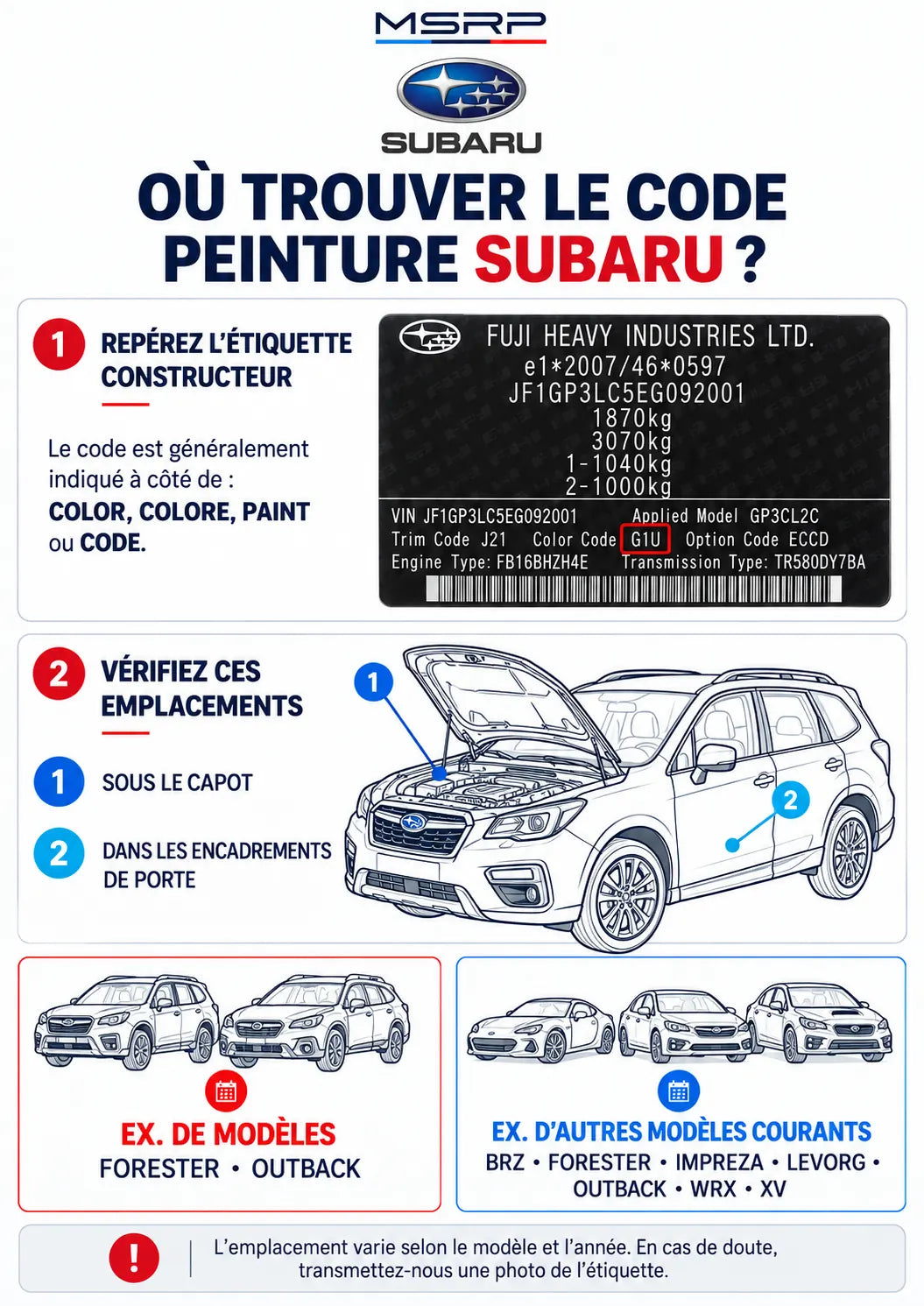 Emplacements possibles de l’étiquette contenant le code peinture Subaru