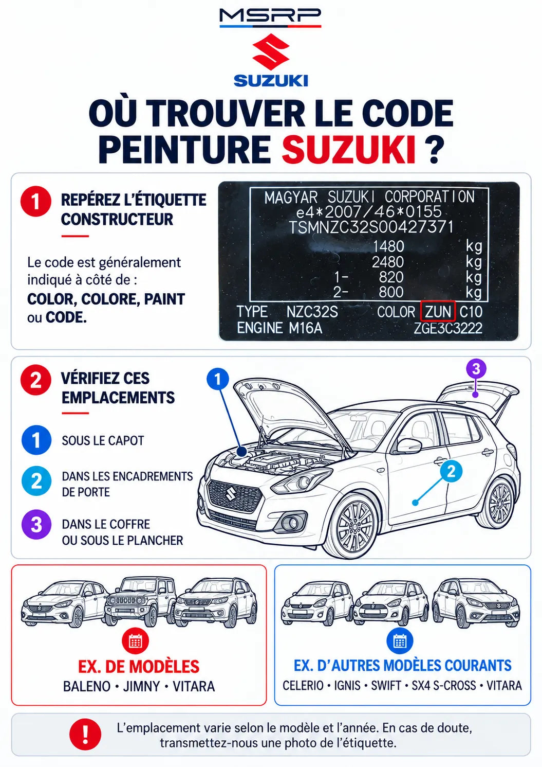 Emplacements possibles de l’étiquette du code peinture sur un véhicule Suzuki