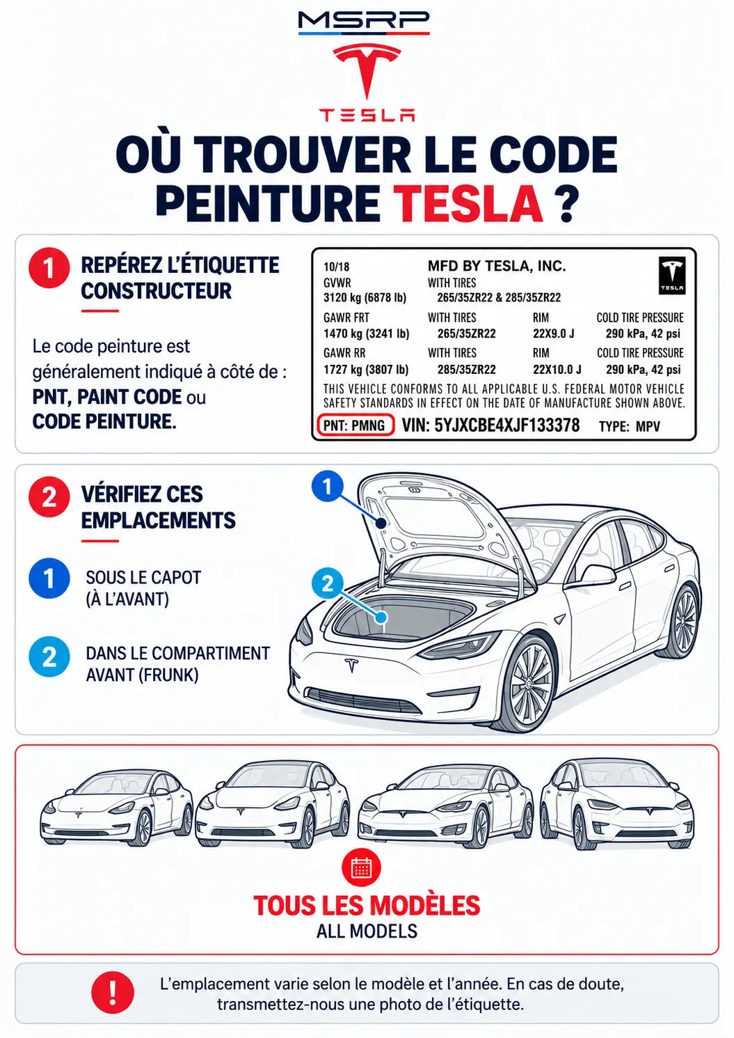 Emplacements possibles de l’étiquette contenant le code peinture Tesla
