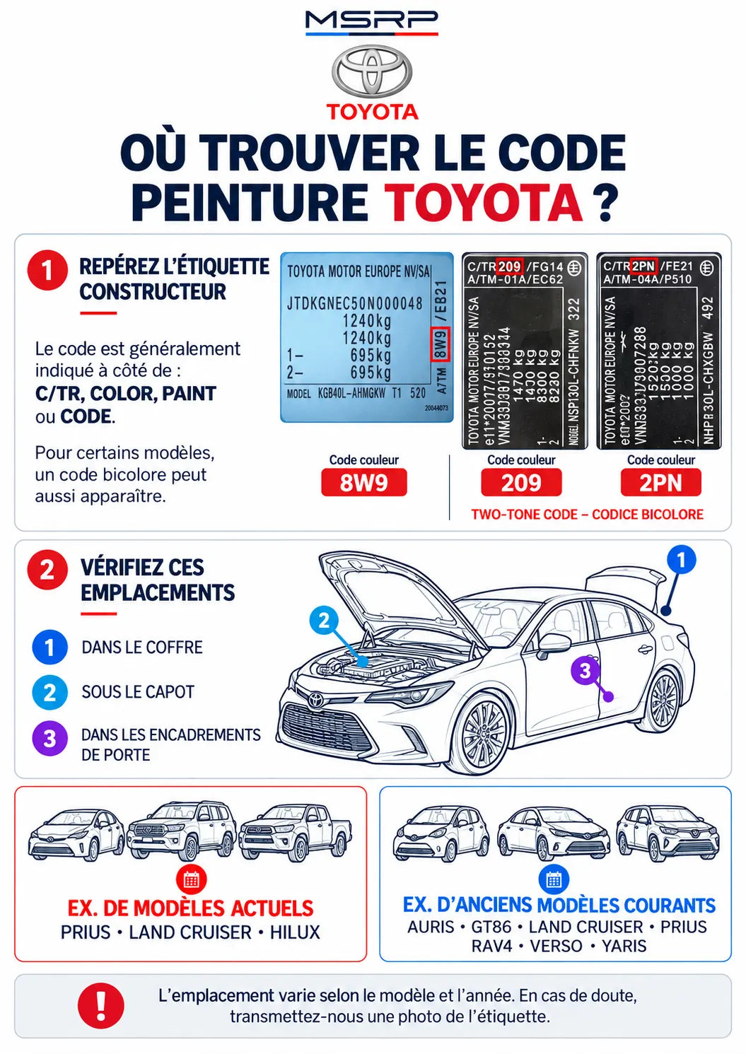 Emplacements possibles de l’étiquette contenant le code peinture Toyota