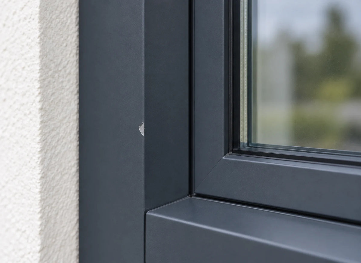 Éclat de peinture sur une menuiserie gris anthracite avant retouche.