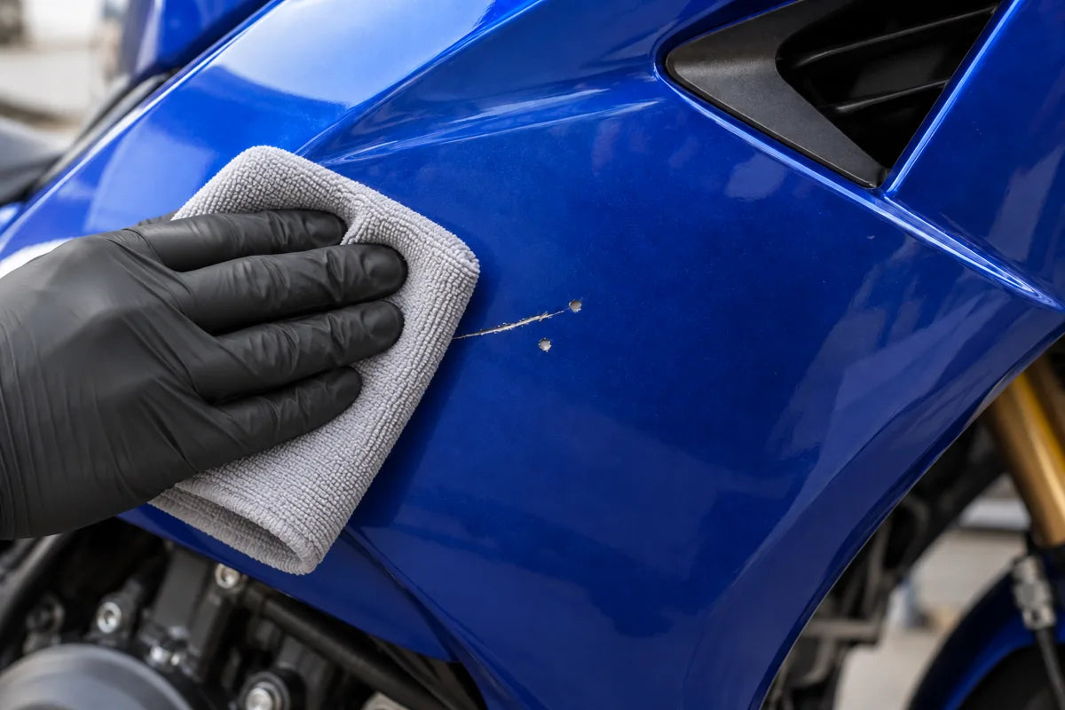 Nettoyage d’un carénage de moto avec un chiffon microfibre avant la retouche de peinture.